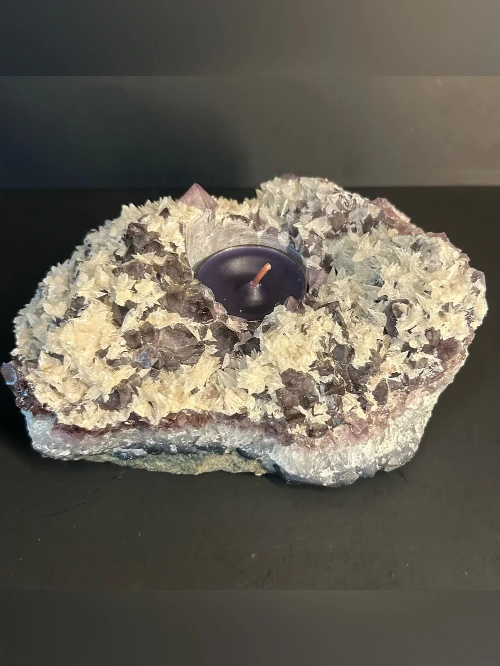 Raw Amethyst Crystal Geode Tea Light Candle Holder 2.13 lbs.